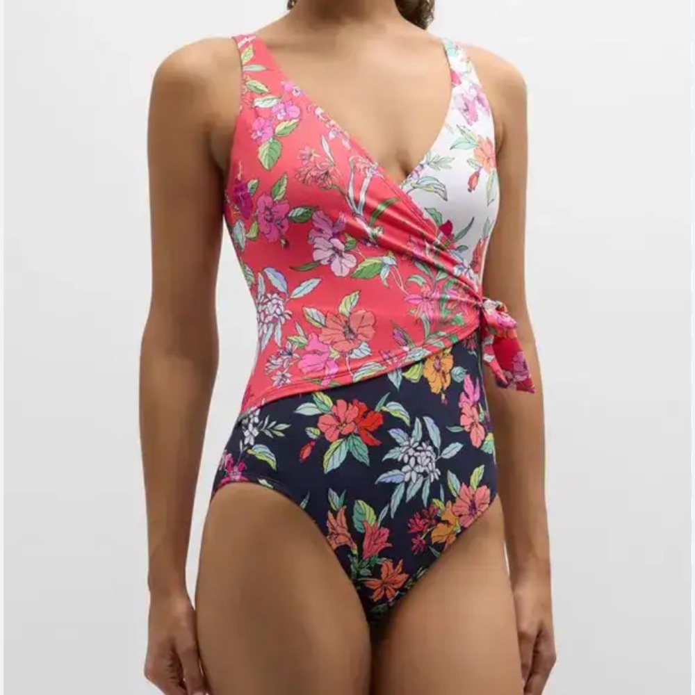 Tommy Bahama Wrap One Piece Swimsuit 8 NWT Floral Colorblock MSRP 168.00